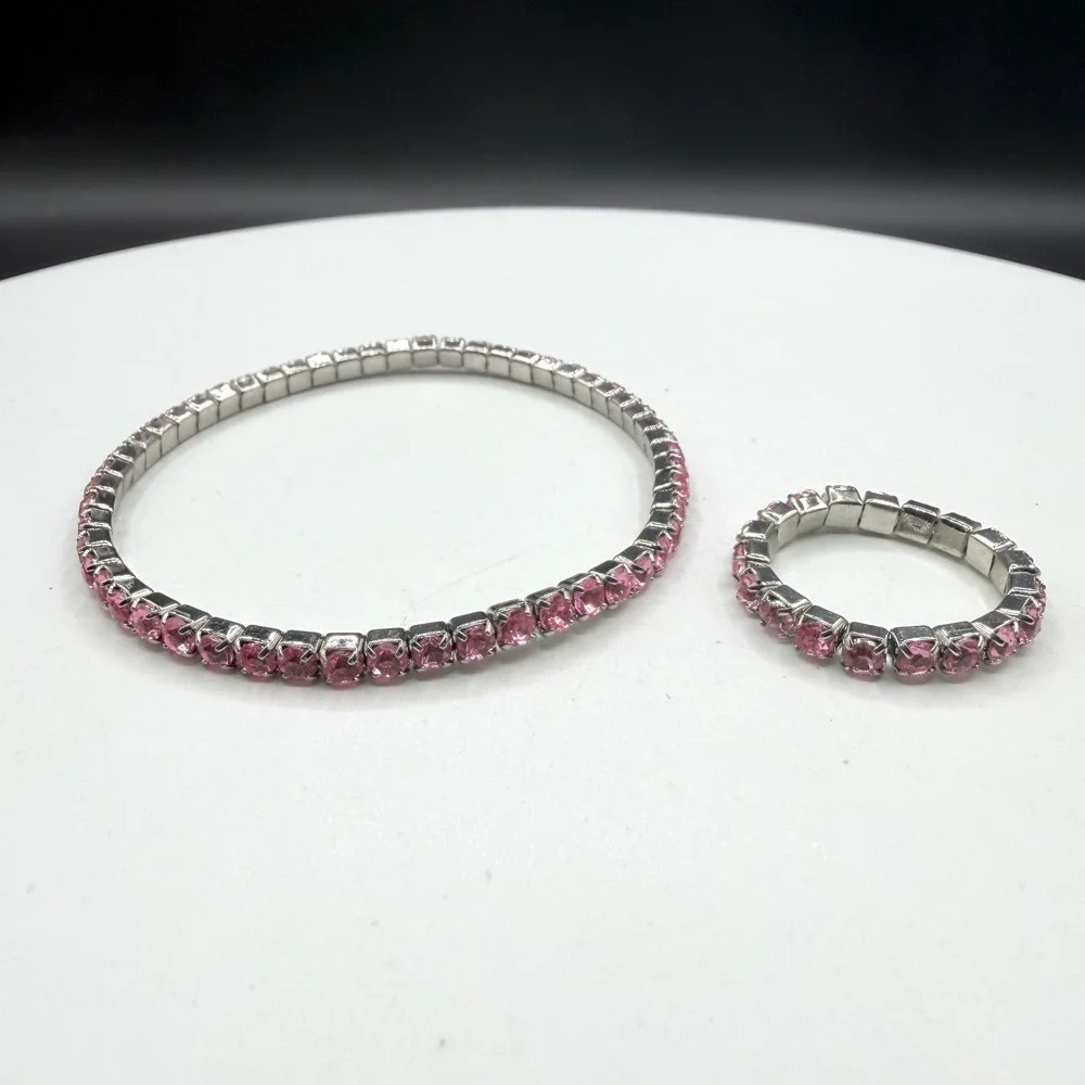 Pink Rhinestone Stretch Bracelet Ring Set Silver Tone Coquette Y2K Sparkle Gift